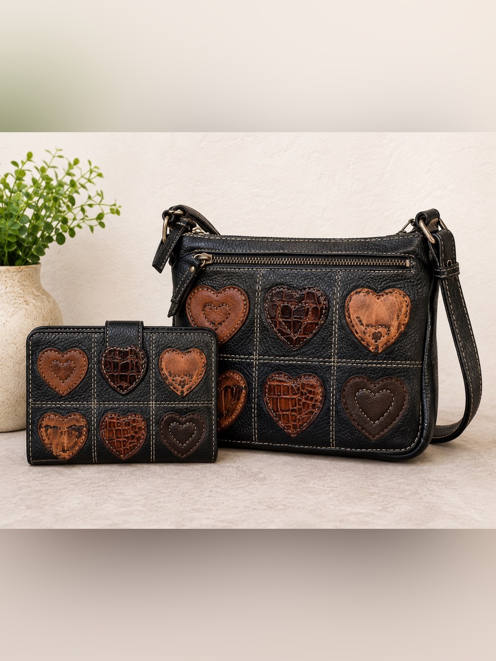 Brighton Leather Heart Patch Crossbody Bag & Matching Wallet Set